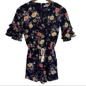 Smukke Blue Floral Romper Ruffle Flair Short Sleeves Tie Waist Girls Size 10